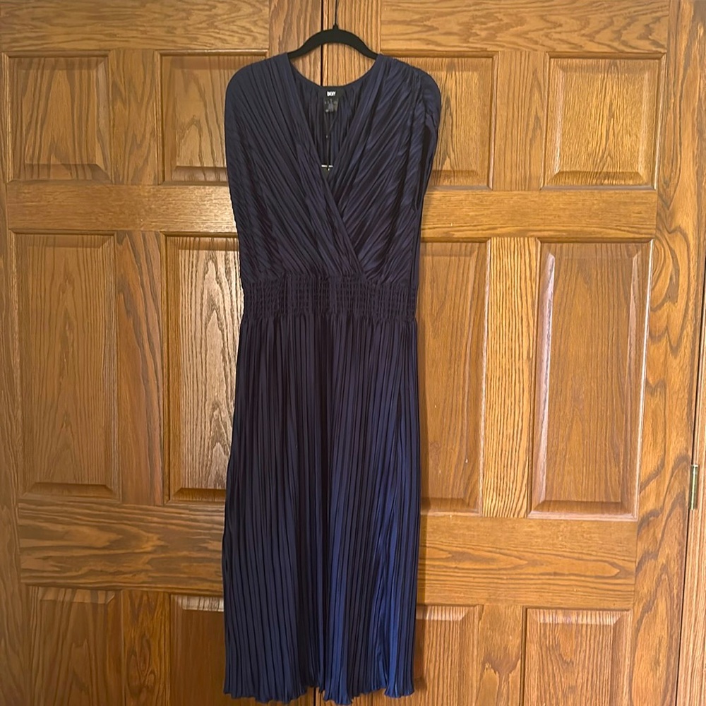 DKNY Pleated Navy Midi Dress size 16 NWT